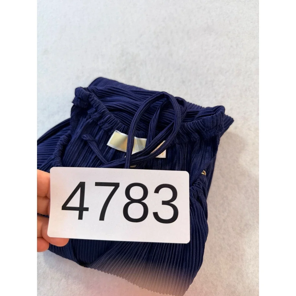 Michael Kors Navy Blue Pleated Bell Sleeve Tunic Blouse XL Keyhole Tie Top